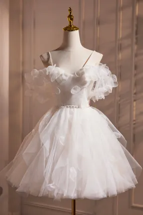 Light Champagne Spaghetti Strap Tulle Short Prom Dress, Beautiful A-Line Evening Party Dress
