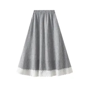 Loose Casual Elastic Waist Midi Lace Plaid Skirt