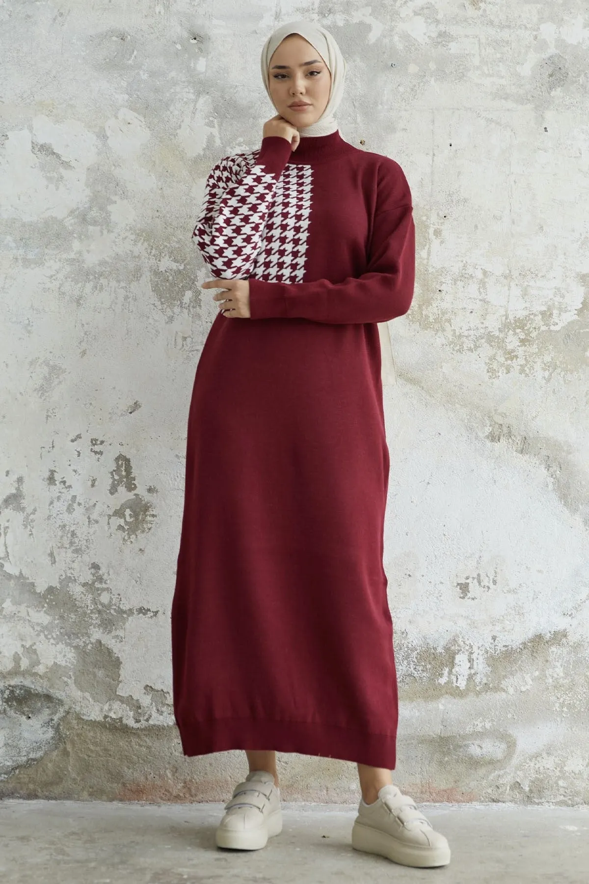 MDS Women Amelia Sleeve Chevron Patterned Knit Dress - Burgundy - Angers