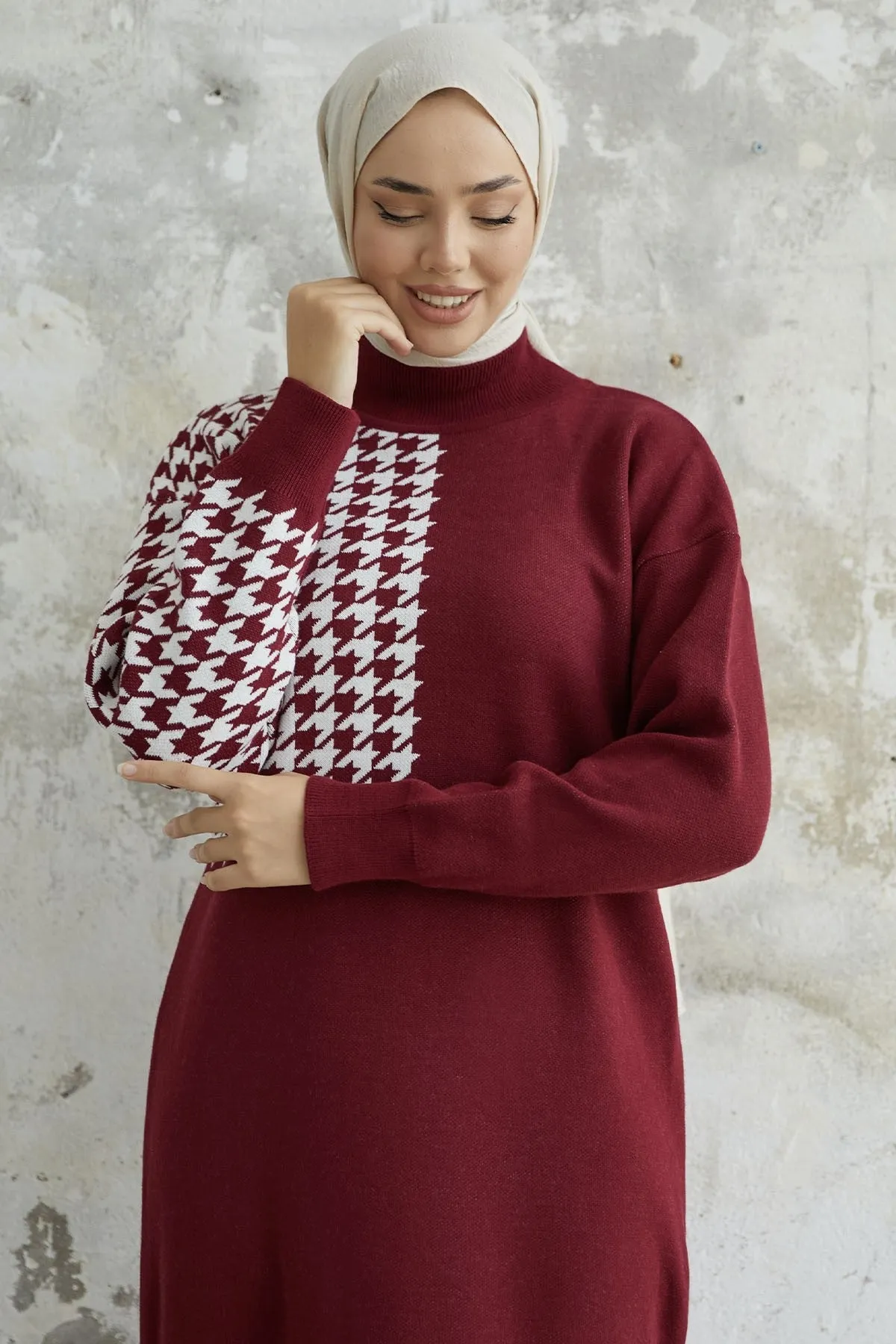MDS Women Amelia Sleeve Chevron Patterned Knit Dress - Burgundy - Angers