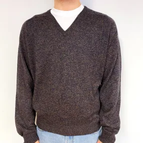 Men's Brown Navy Marl Cashmere V-Neck Jumper Large