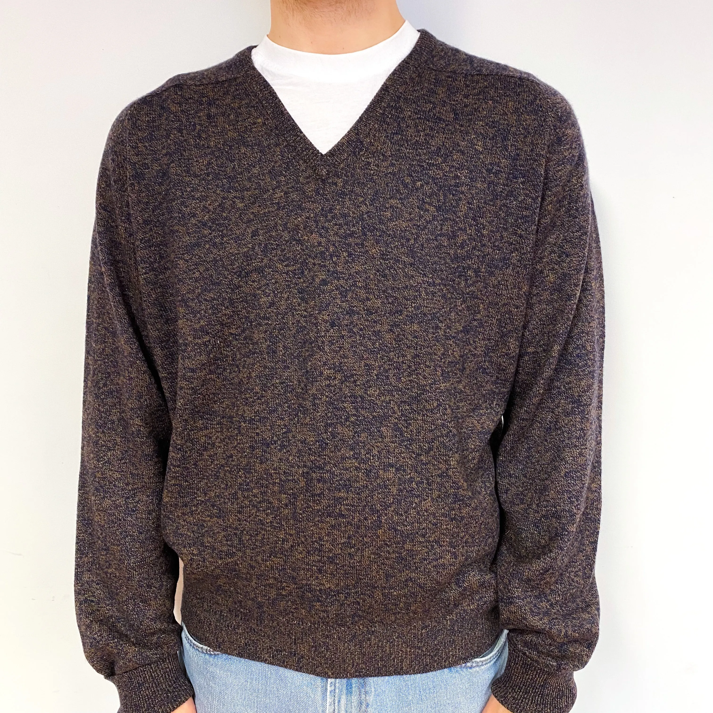 Men's Brown Navy Marl Cashmere V-Neck Jumper Large