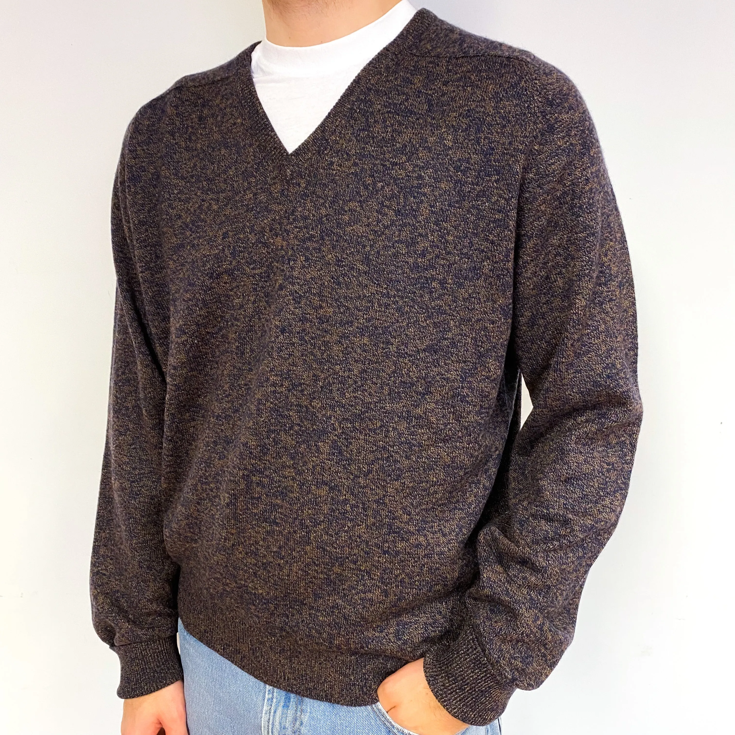 Men's Brown Navy Marl Cashmere V-Neck Jumper Large
