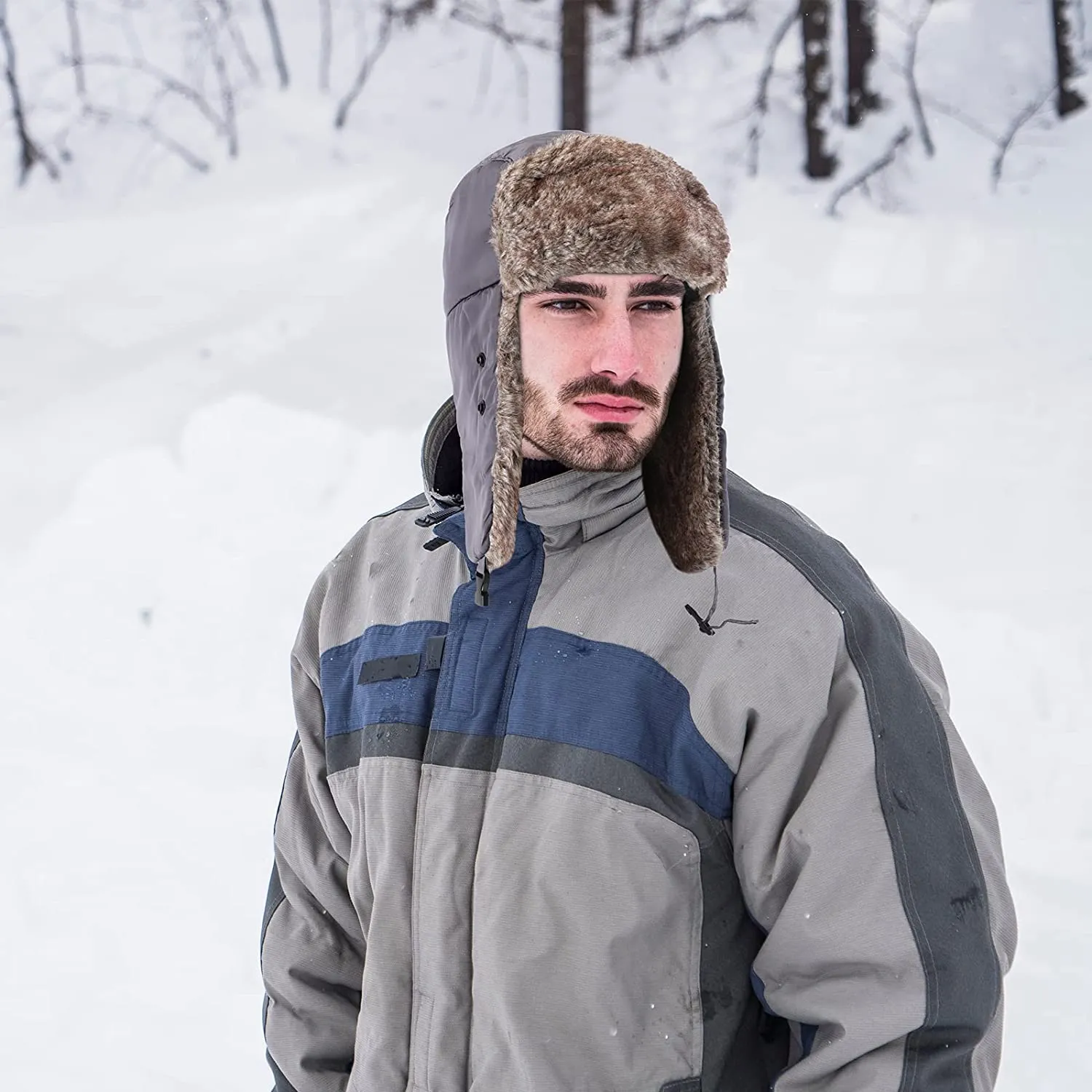 Men's Gray 3 Pieces Set Trapper Winter Hat & Gloves