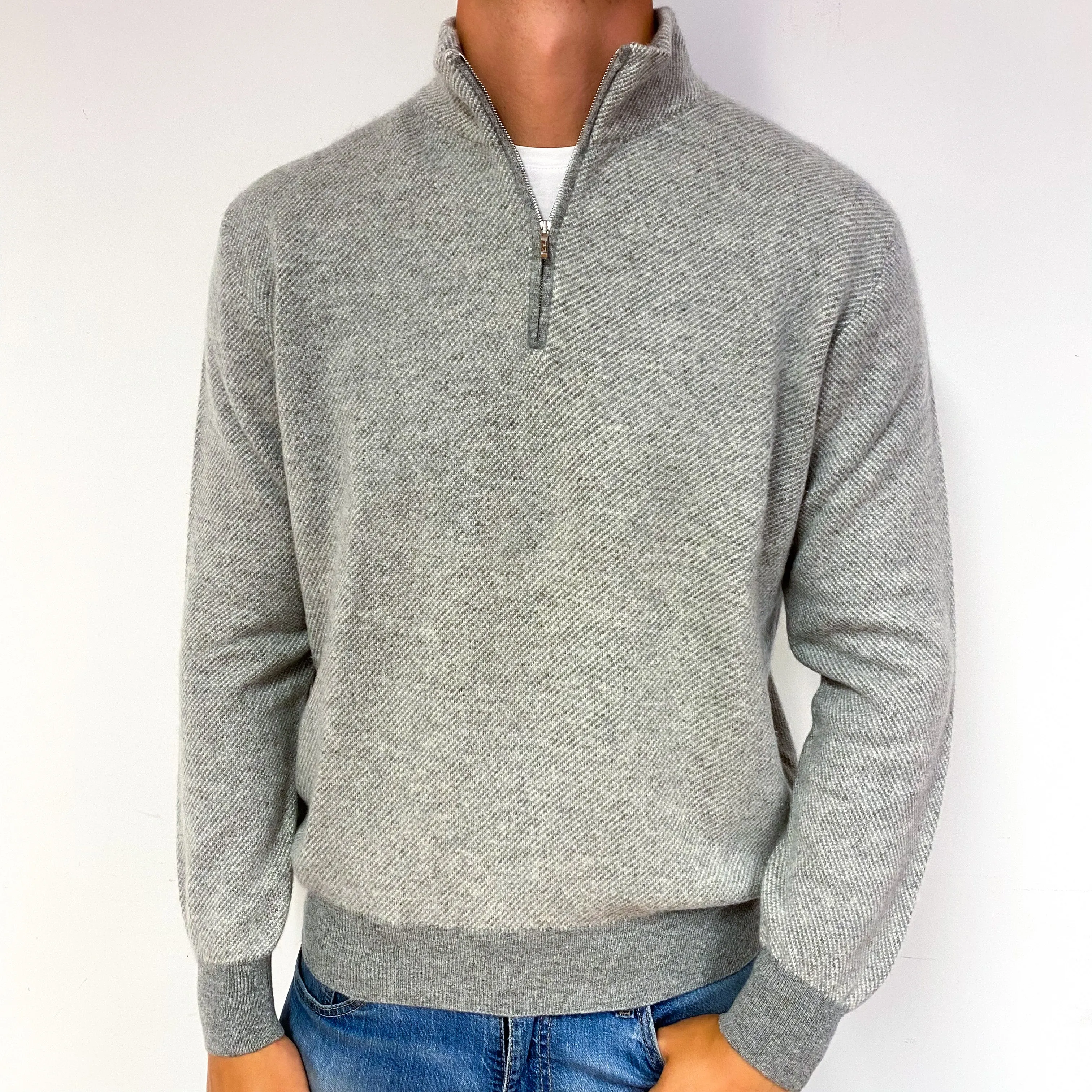 Men's Loro Piana Mist Grey Cashmere 1/4 Zip Jumper Extra Large