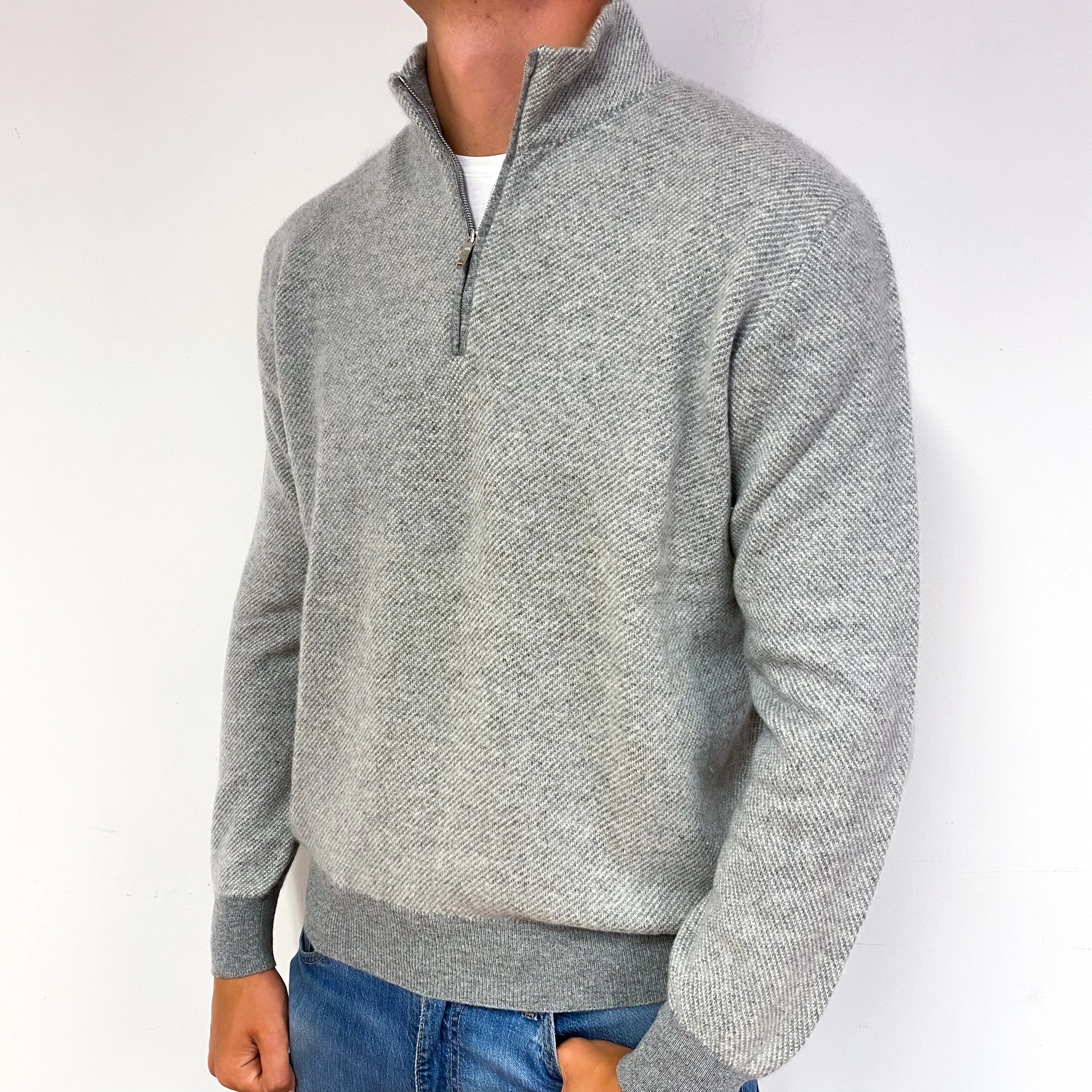 Men's Loro Piana Mist Grey Cashmere 1/4 Zip Jumper Extra Large