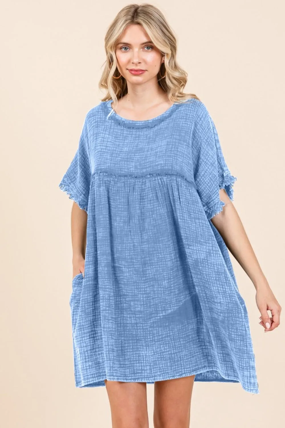 Mineral Wash Short Sleeve Babydoll Texture Dress with Pockets in Blue