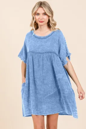 Mineral Wash Short Sleeve Babydoll Texture Dress with Pockets in Blue