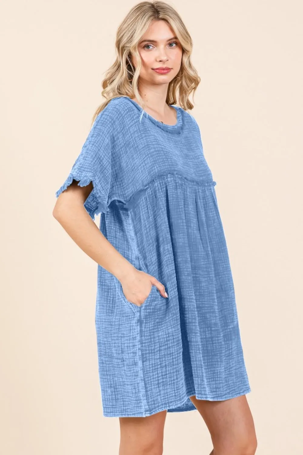 Mineral Wash Short Sleeve Babydoll Texture Dress with Pockets in Blue