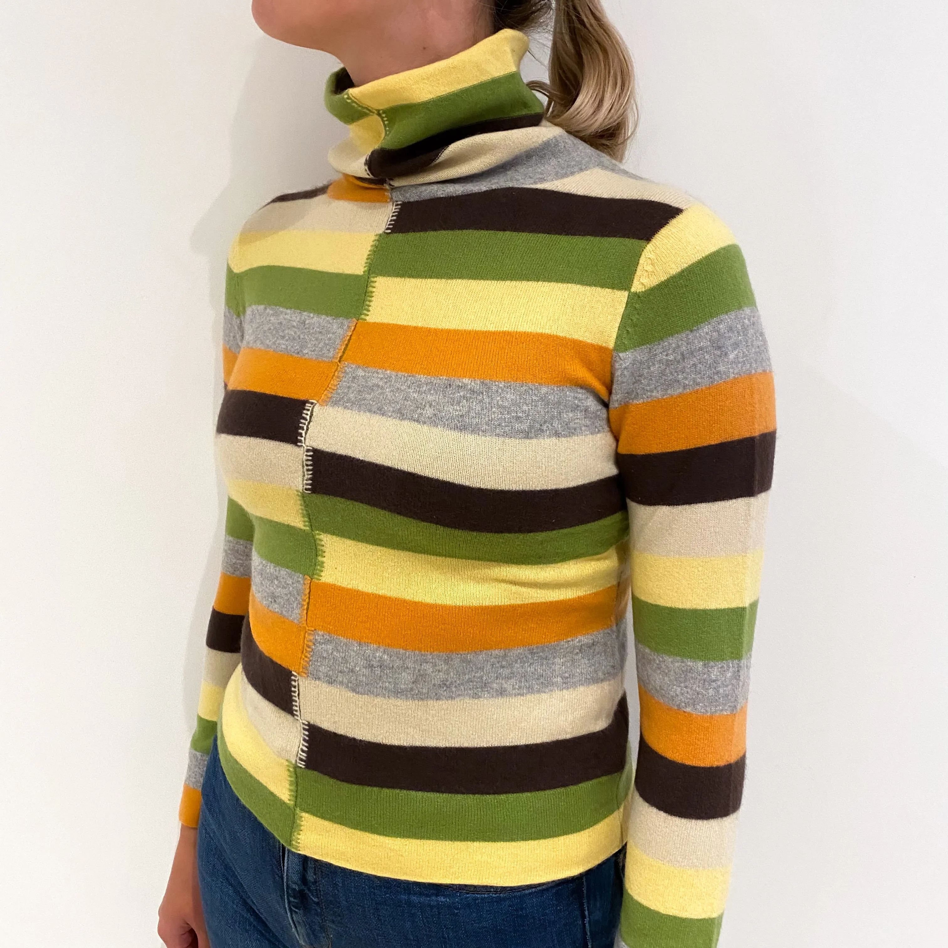 Multicolour Stripe Cashmere Funnel Neck Jumper Small