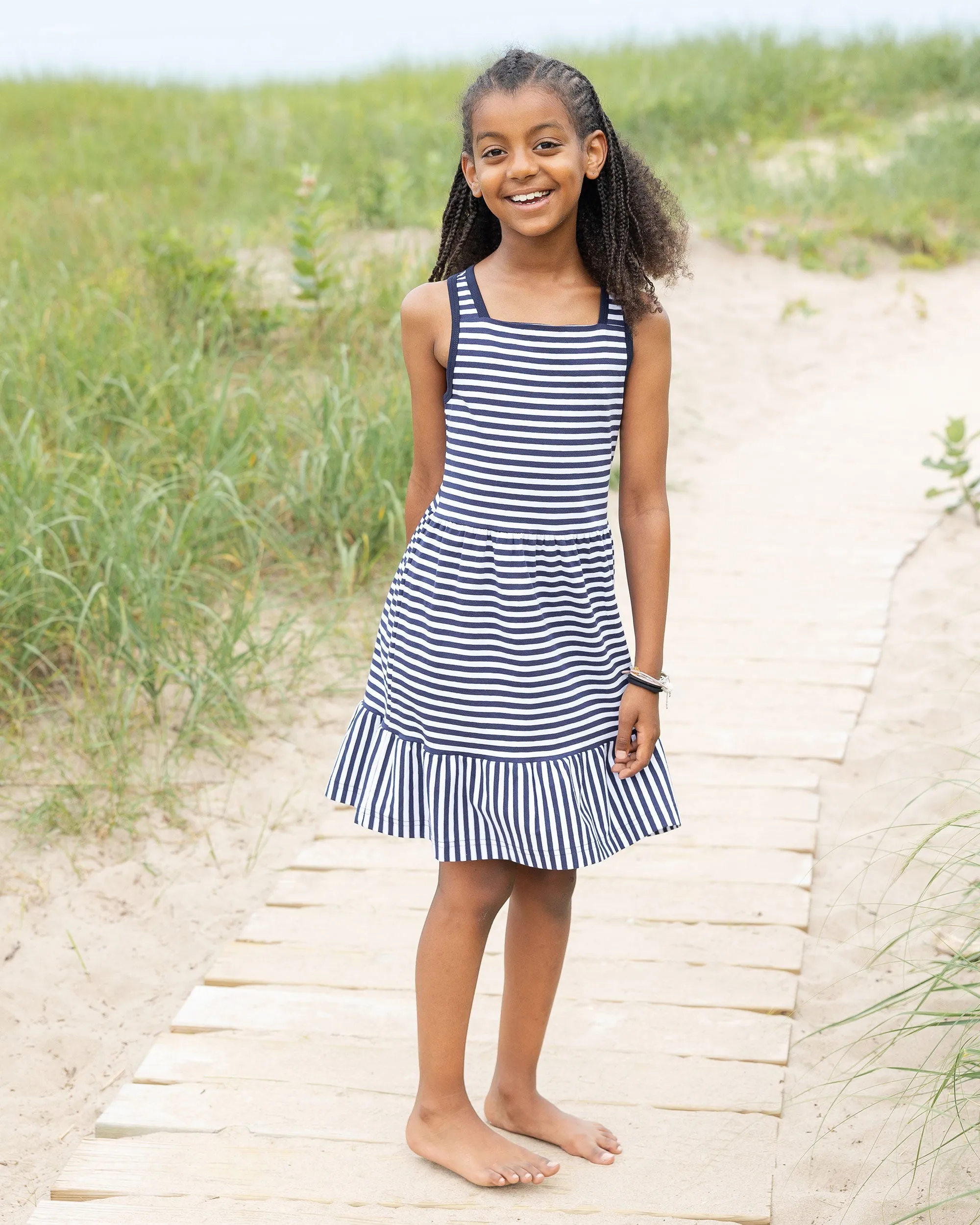 Navy Stripe Knit Dress With Shirred Skirt