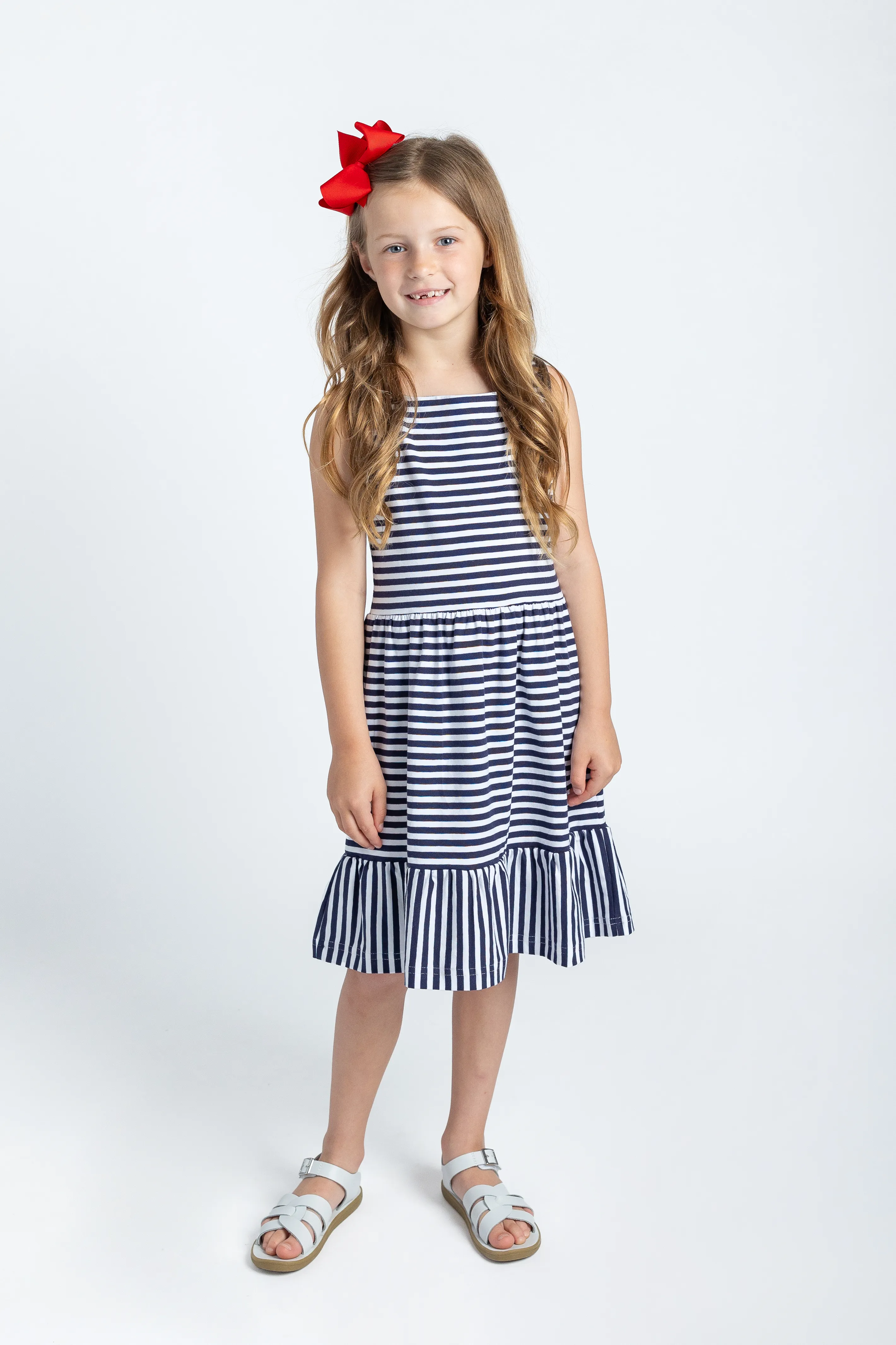 Navy Stripe Knit Dress With Shirred Skirt