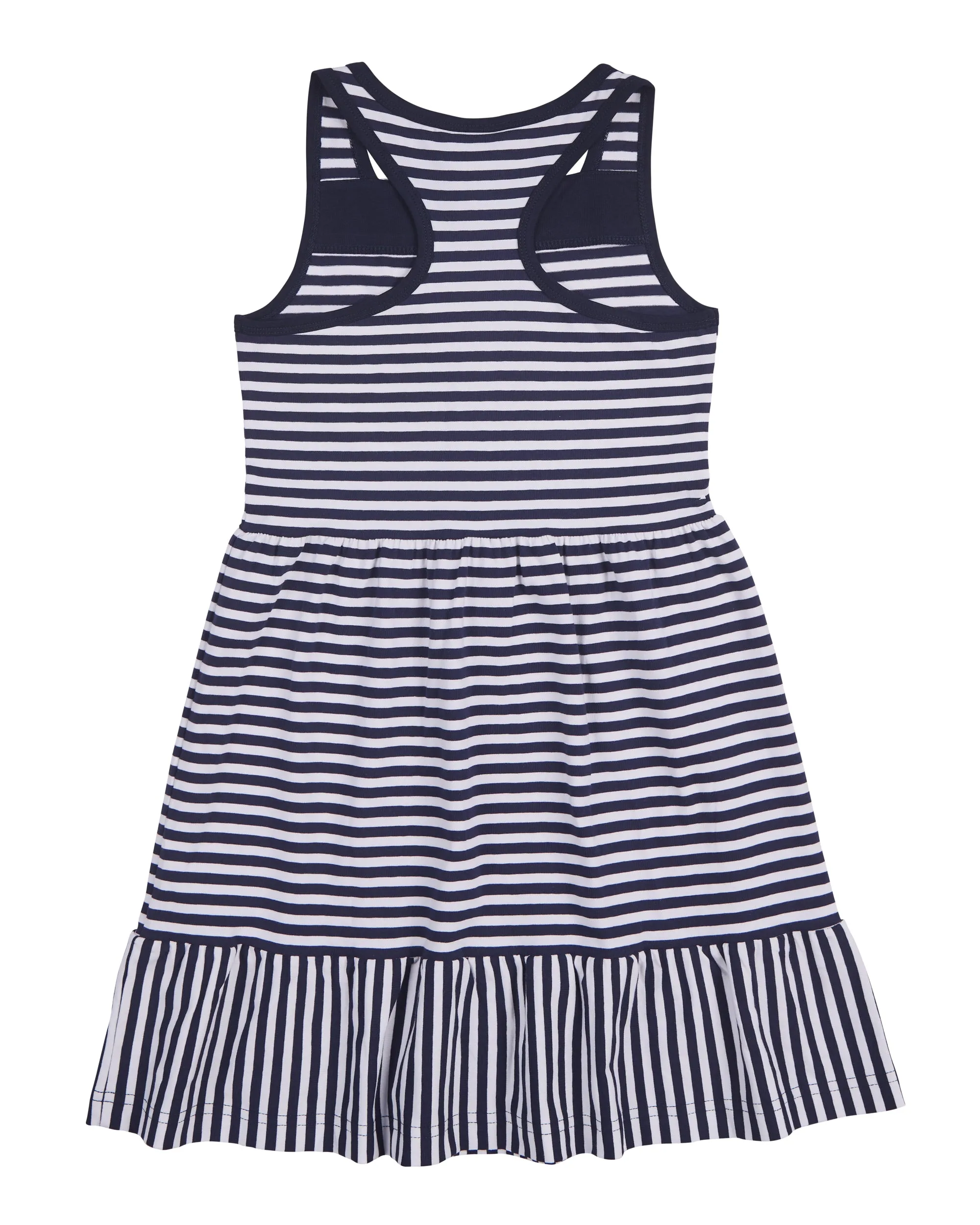 Navy Stripe Knit Dress With Shirred Skirt