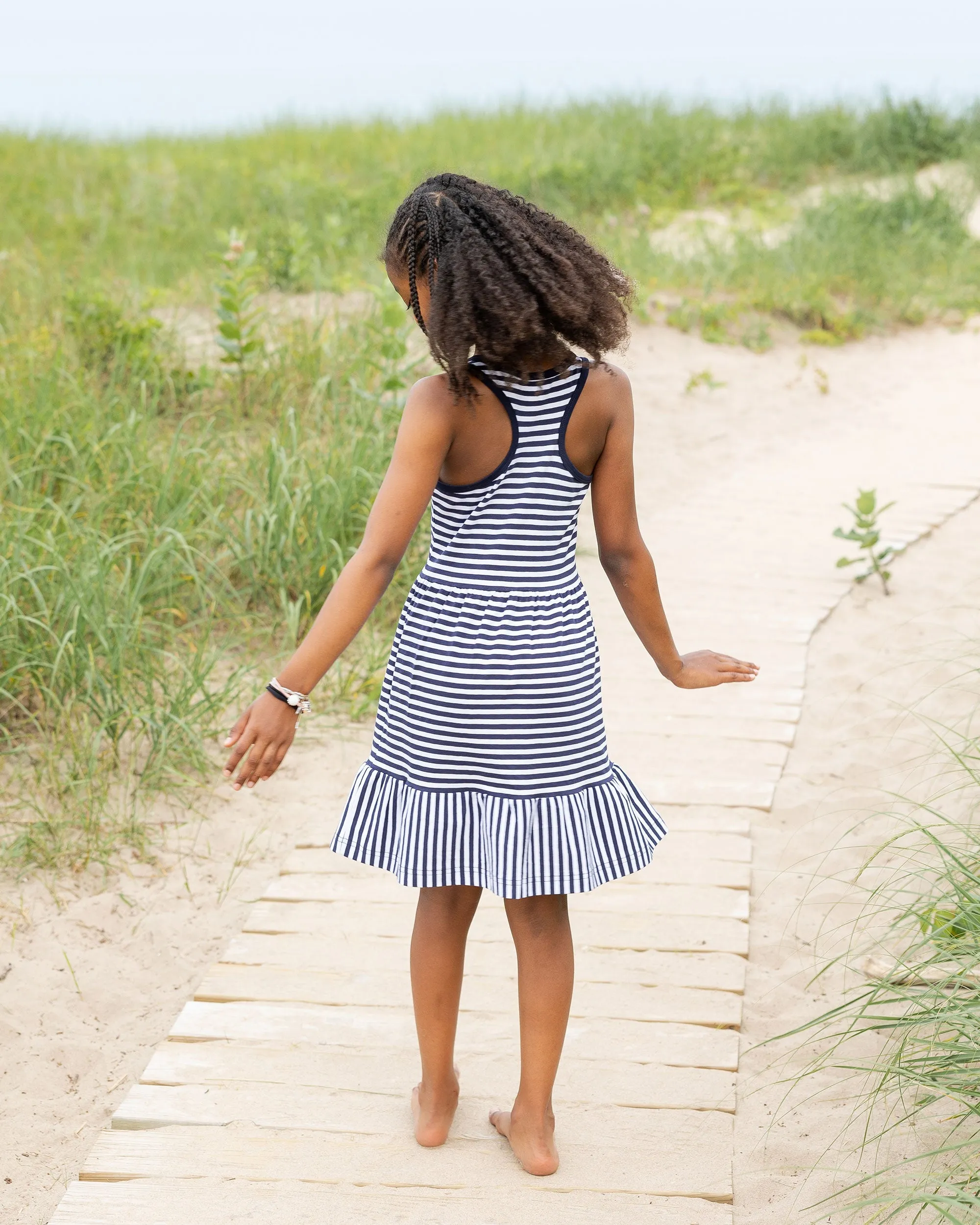 Navy Stripe Knit Dress With Shirred Skirt
