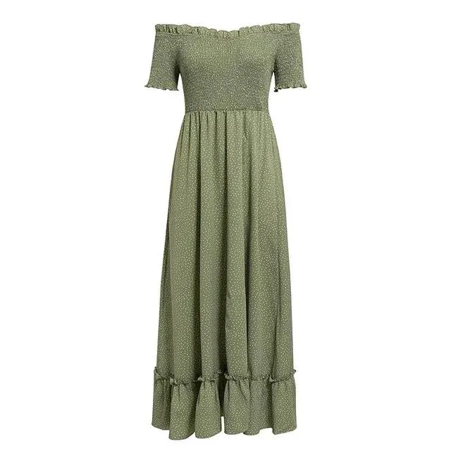 Off Shoulder Polka Dot Ruffle High Waist Pleated Long Dress