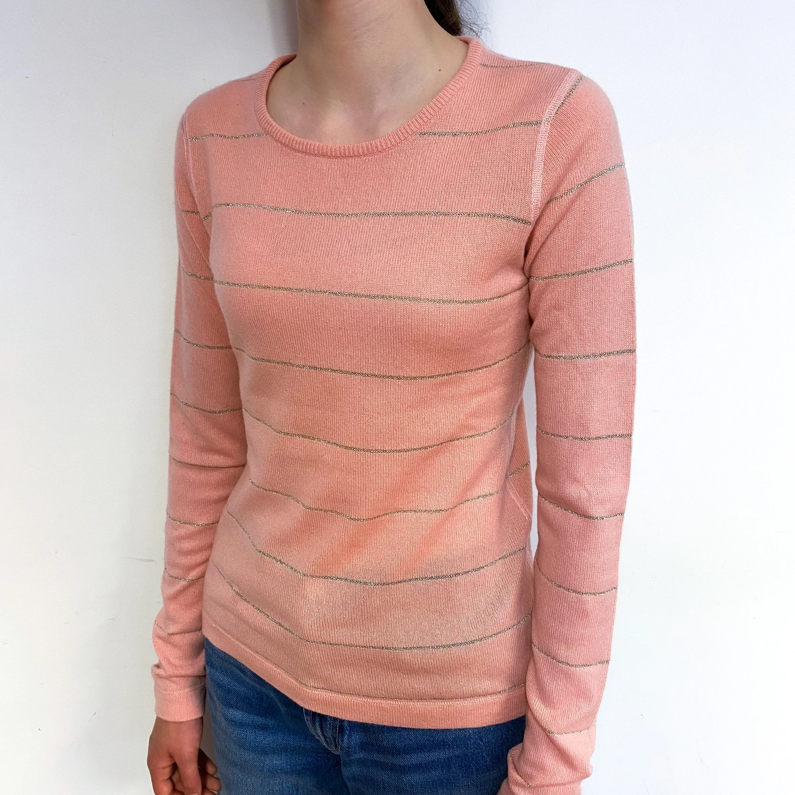 Peach Pink Stripe Cashmere Crew Neck Jumper Extra Small