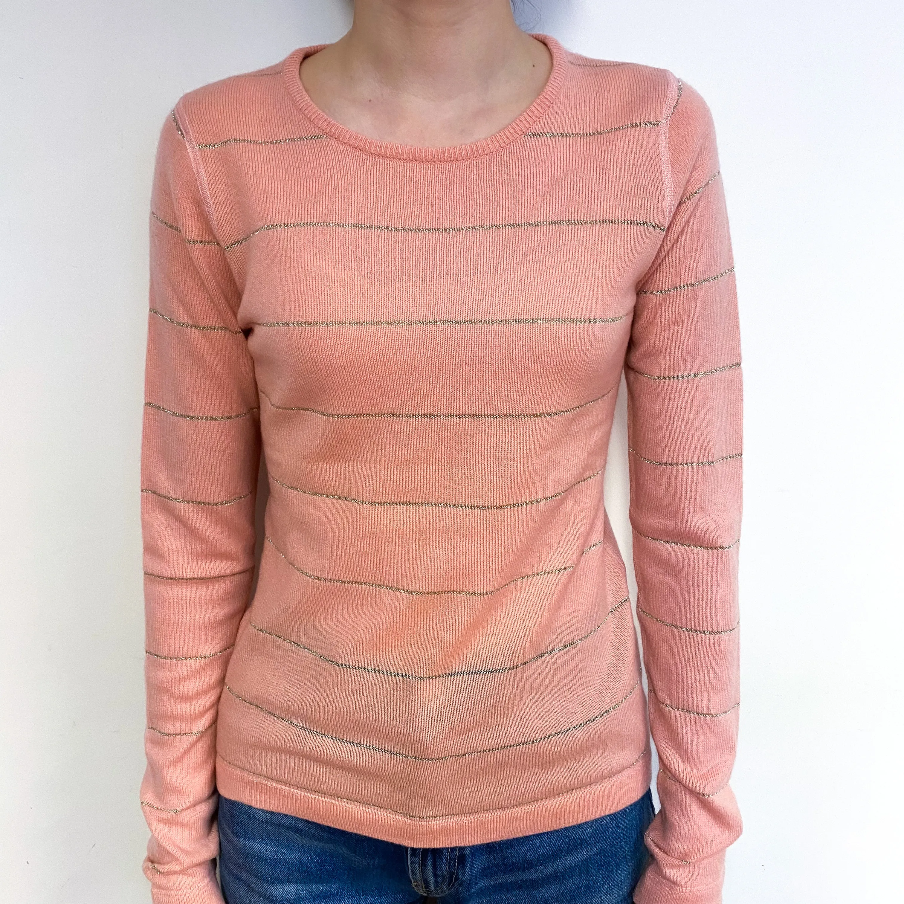 Peach Pink Stripe Cashmere Crew Neck Jumper Extra Small