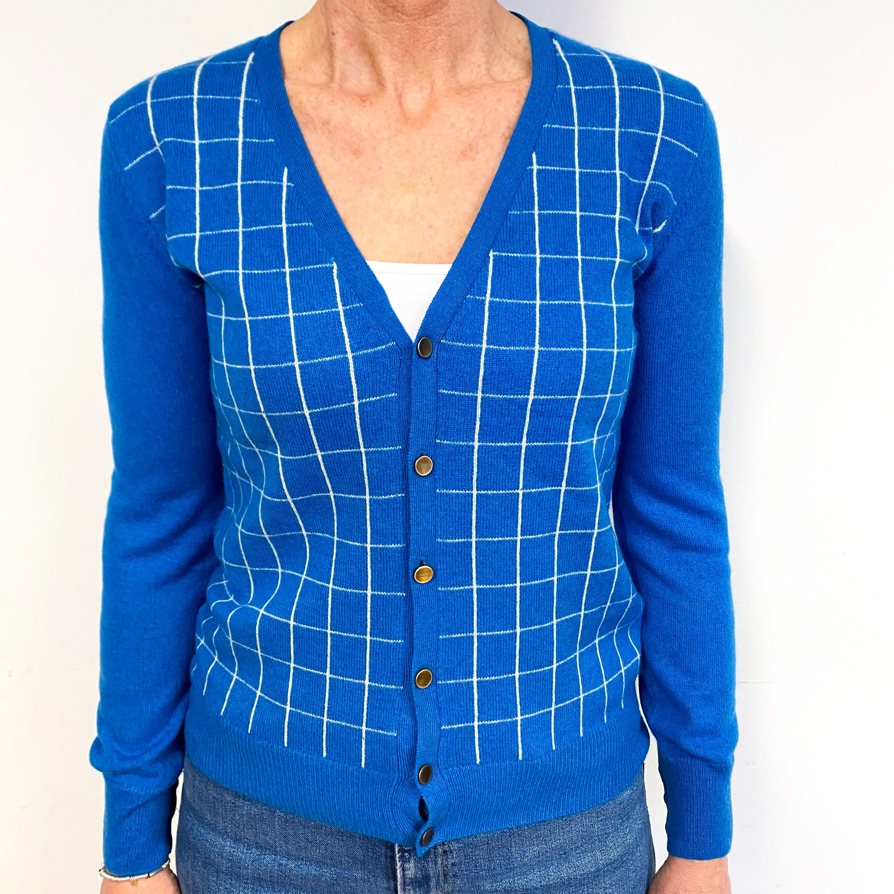 Peacock Blue And Grey Cashmere Cardigan Medium