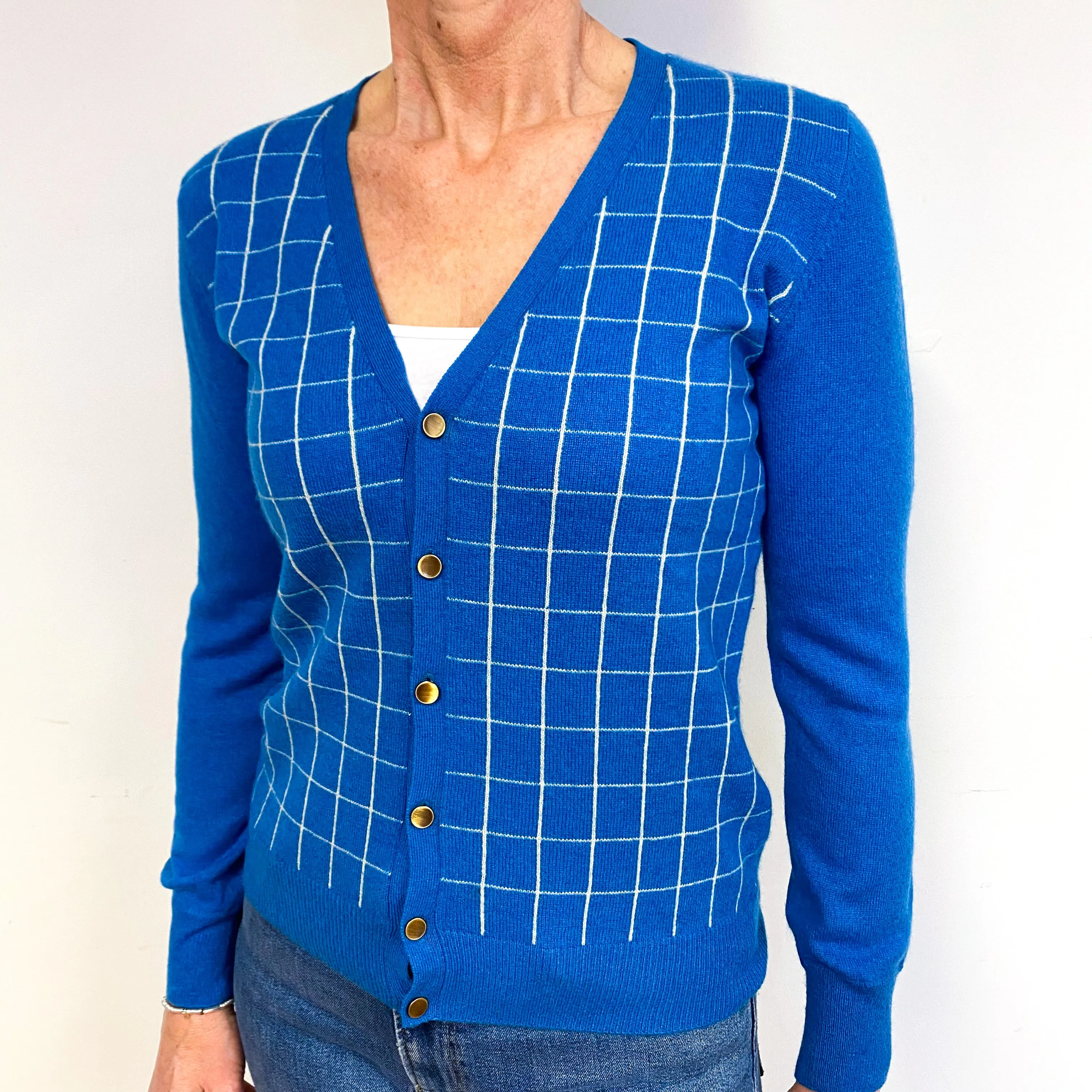 Peacock Blue And Grey Cashmere Cardigan Medium