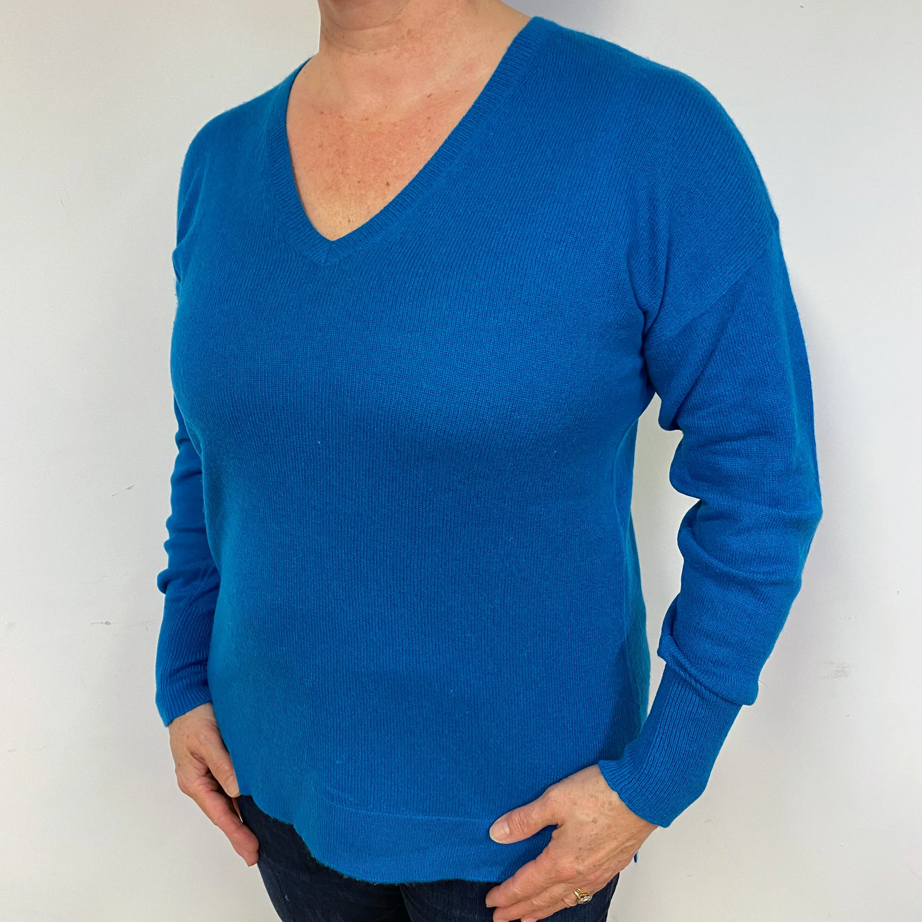 Peacock Blue Cashmere V-Neck Jumper Large.