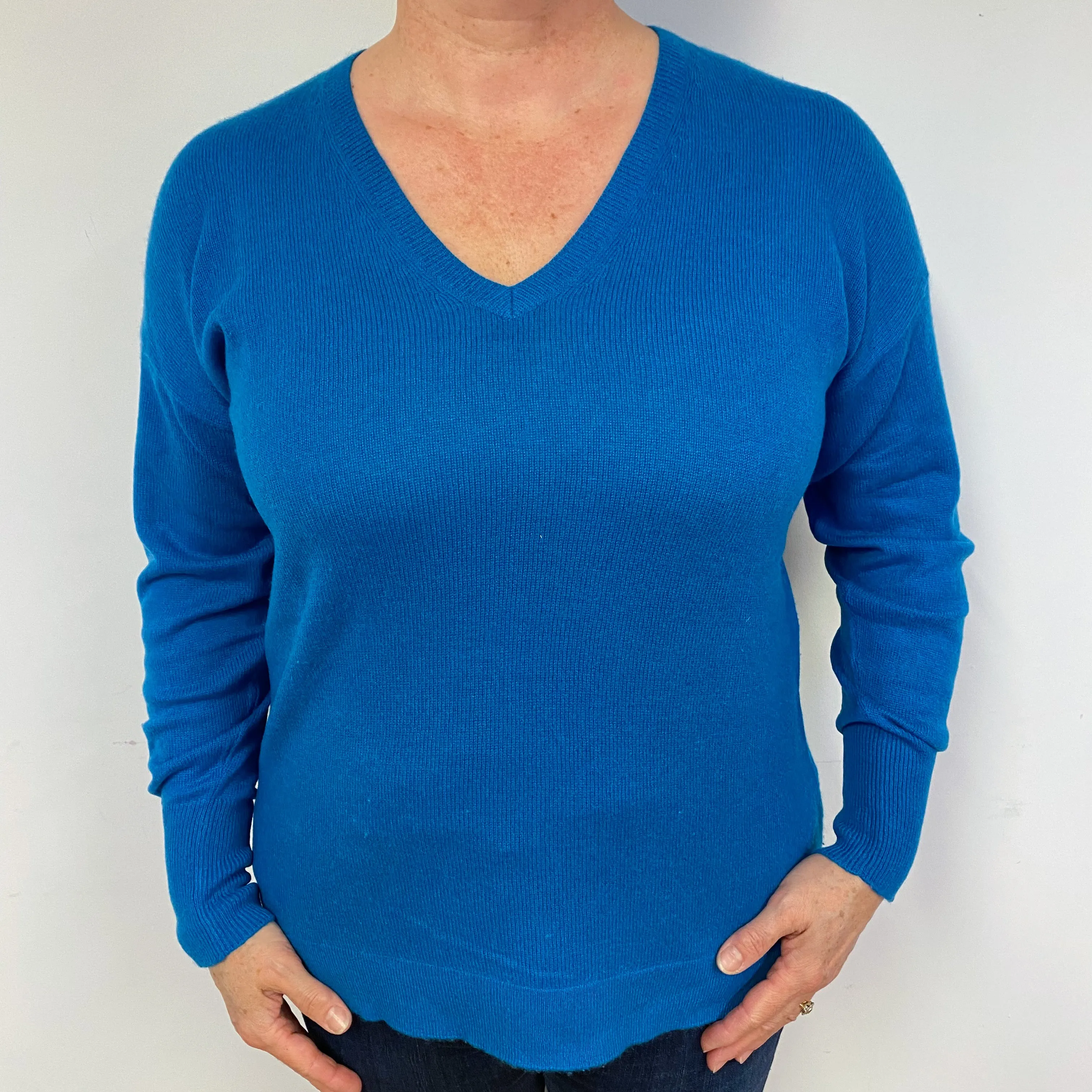 Peacock Blue Cashmere V-Neck Jumper Large.