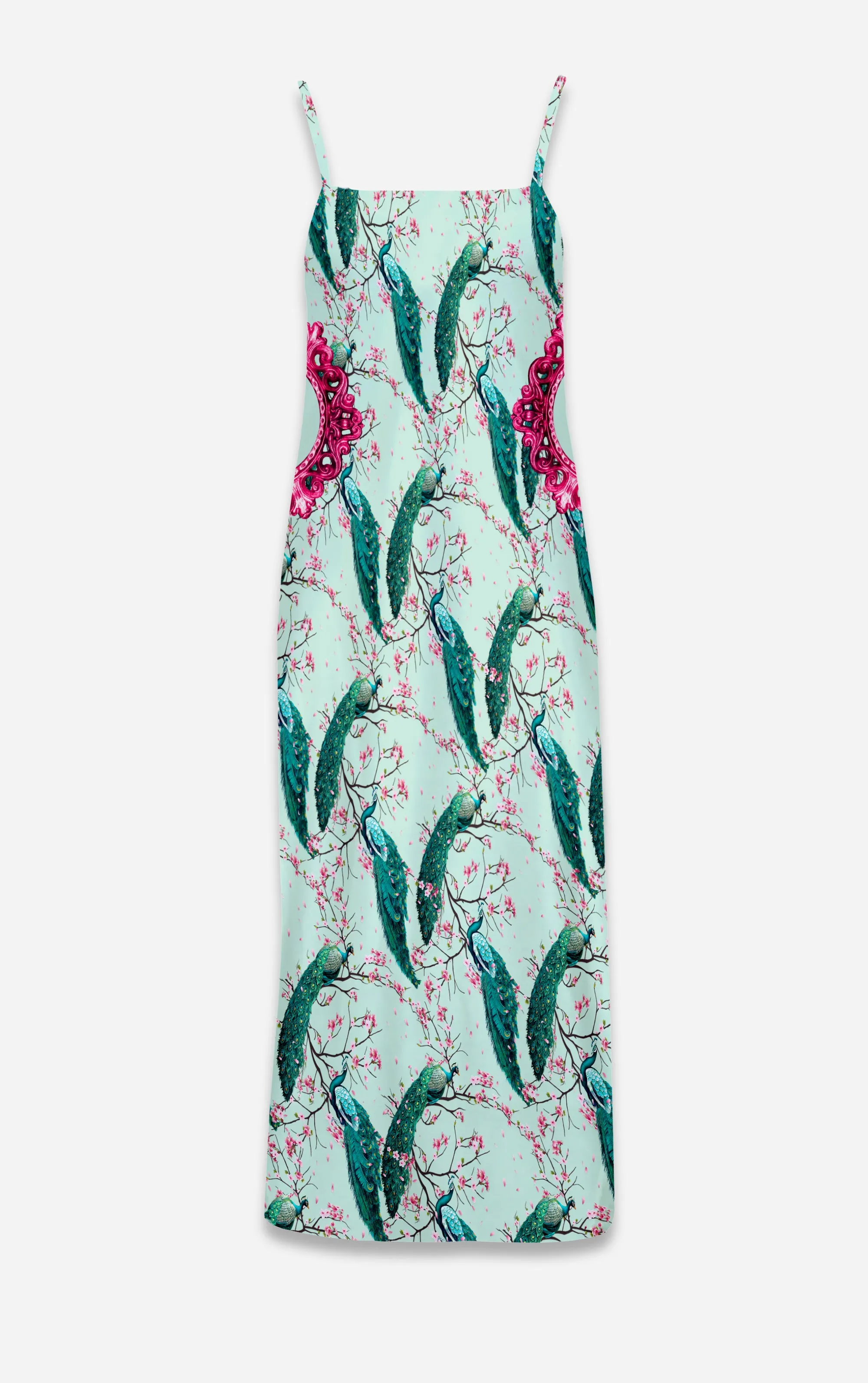 Peacock Ring Master- French Gothic V Neck Slip Dress in Blush Teal | Le Leanian™