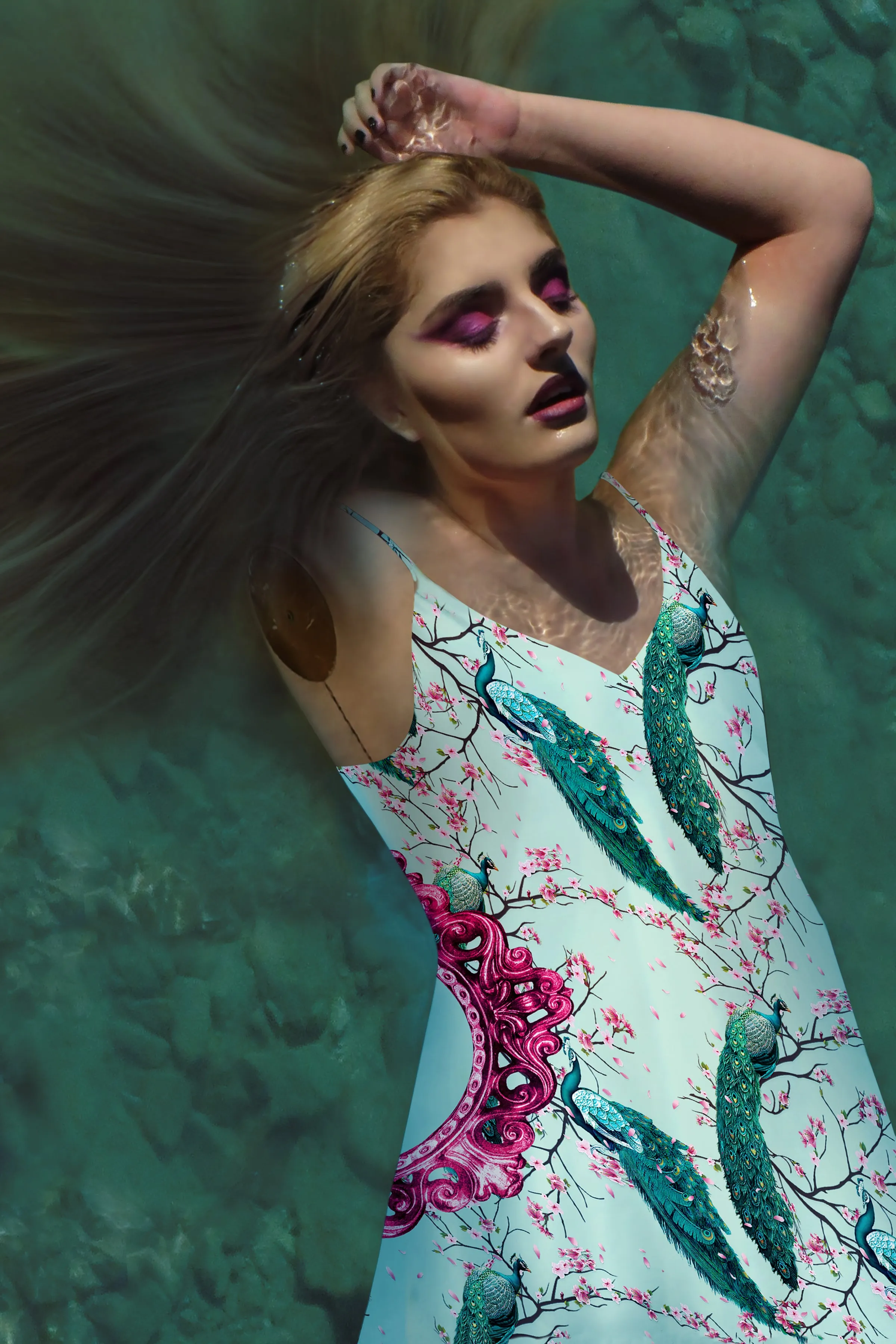 Peacock Ring Master- French Gothic V Neck Slip Dress in Blush Teal | Le Leanian™