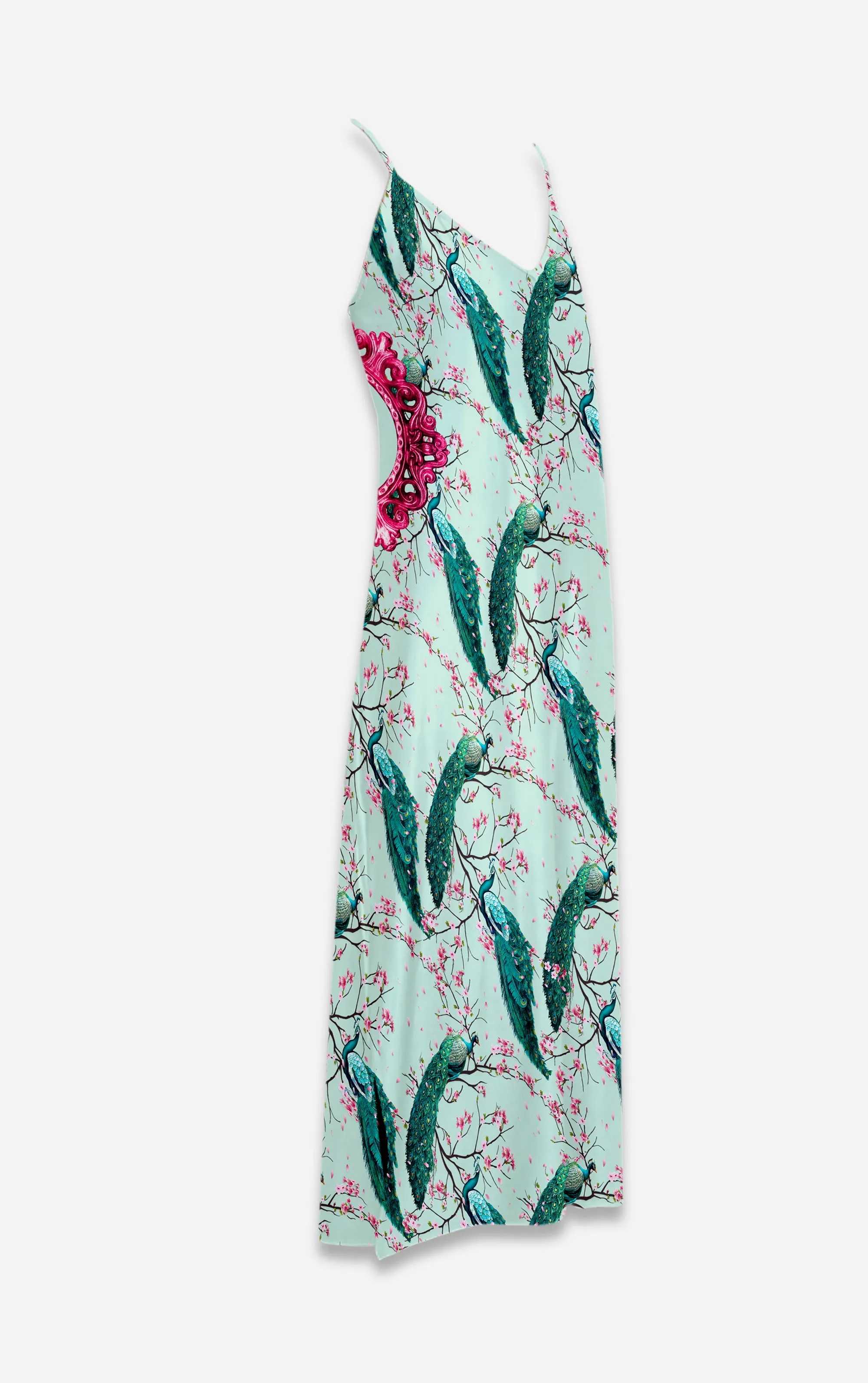 Peacock Ring Master- French Gothic V Neck Slip Dress in Blush Teal | Le Leanian™