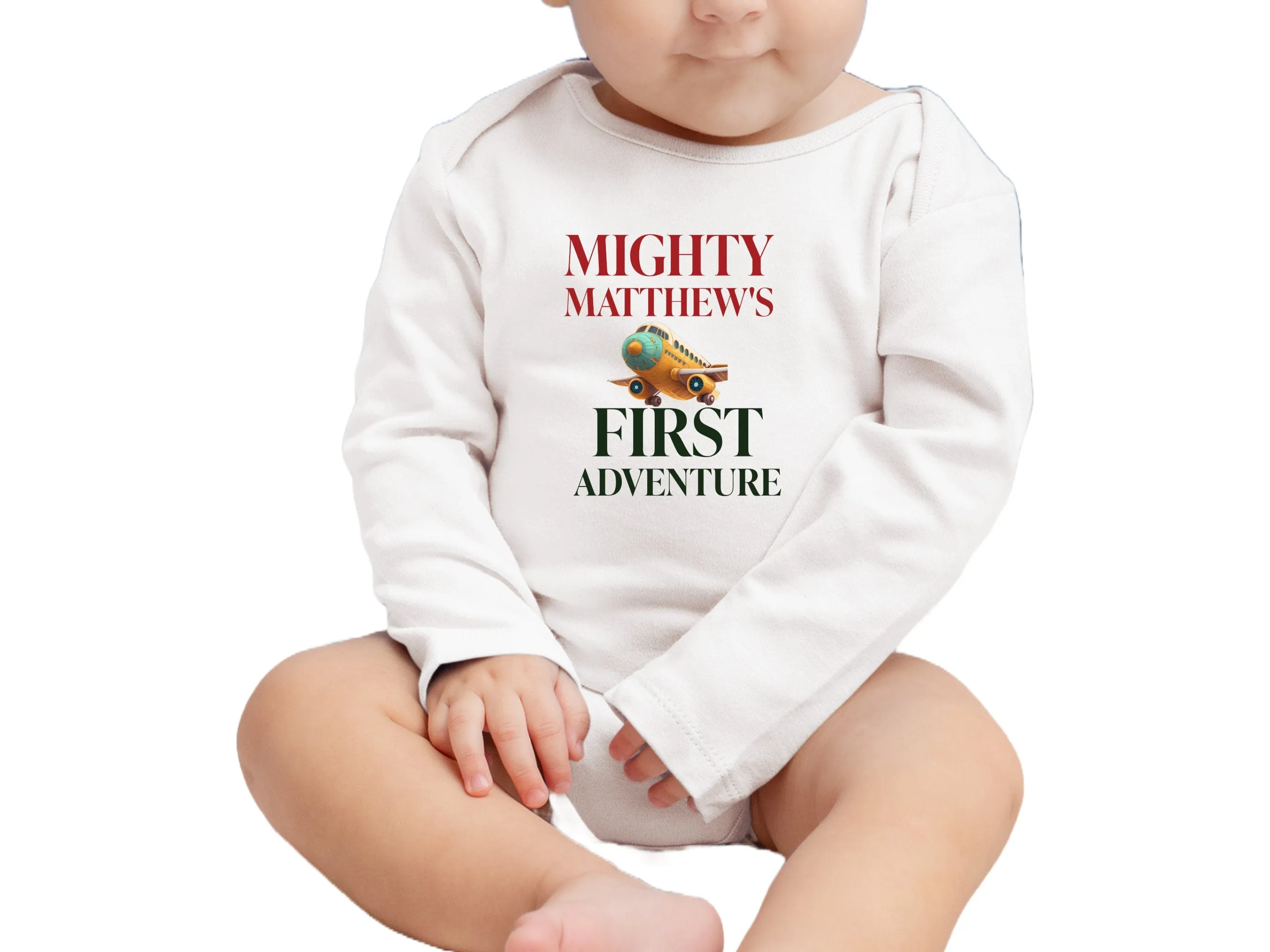 Personalized Baby Name Birthday Bodysuit with Mighty Matthews First Adventure