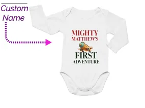 Personalized Baby Name Birthday Bodysuit with Mighty Matthews First Adventure