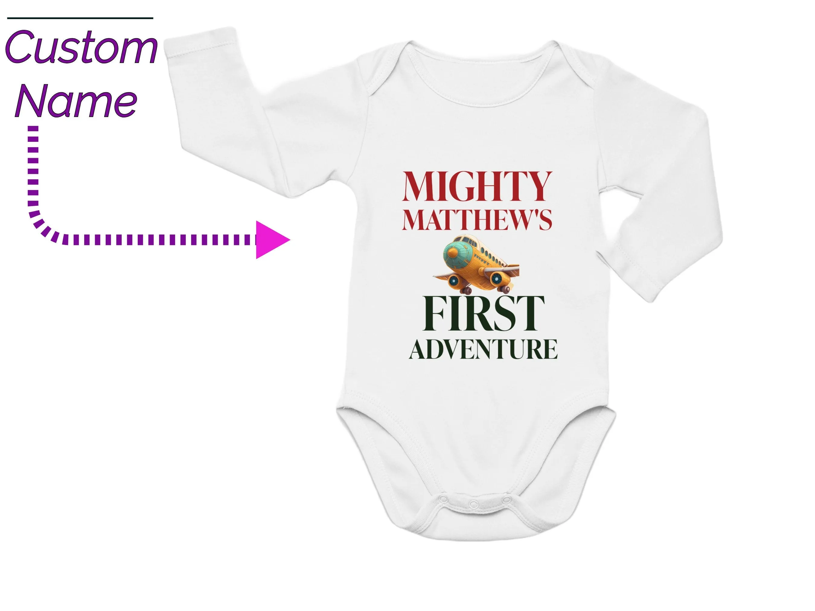 Personalized Baby Name Birthday Bodysuit with Mighty Matthews First Adventure