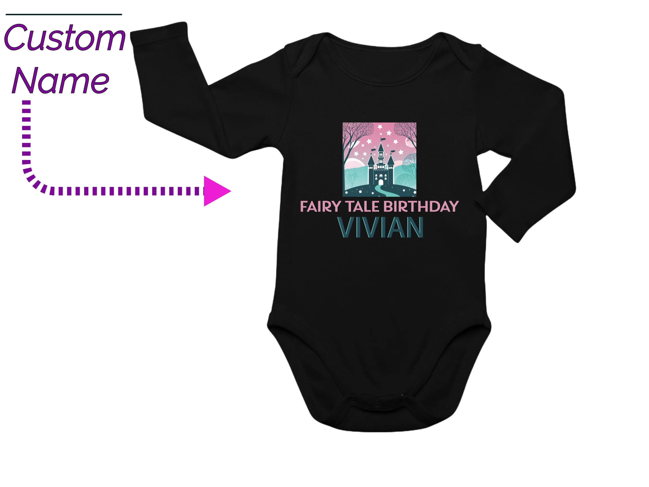 Personalized Name Long Sleeve  Baby Name Bodysuit Fairy Tale Birthday