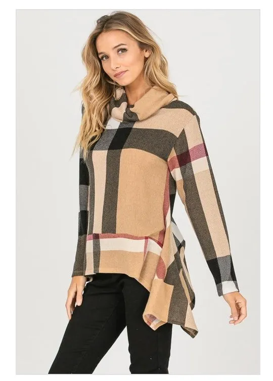 Plaid Long Sleeved Top Tunic Warm Cozy Turtleneck