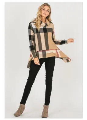 Plaid Long Sleeved Top Tunic Warm Cozy Turtleneck