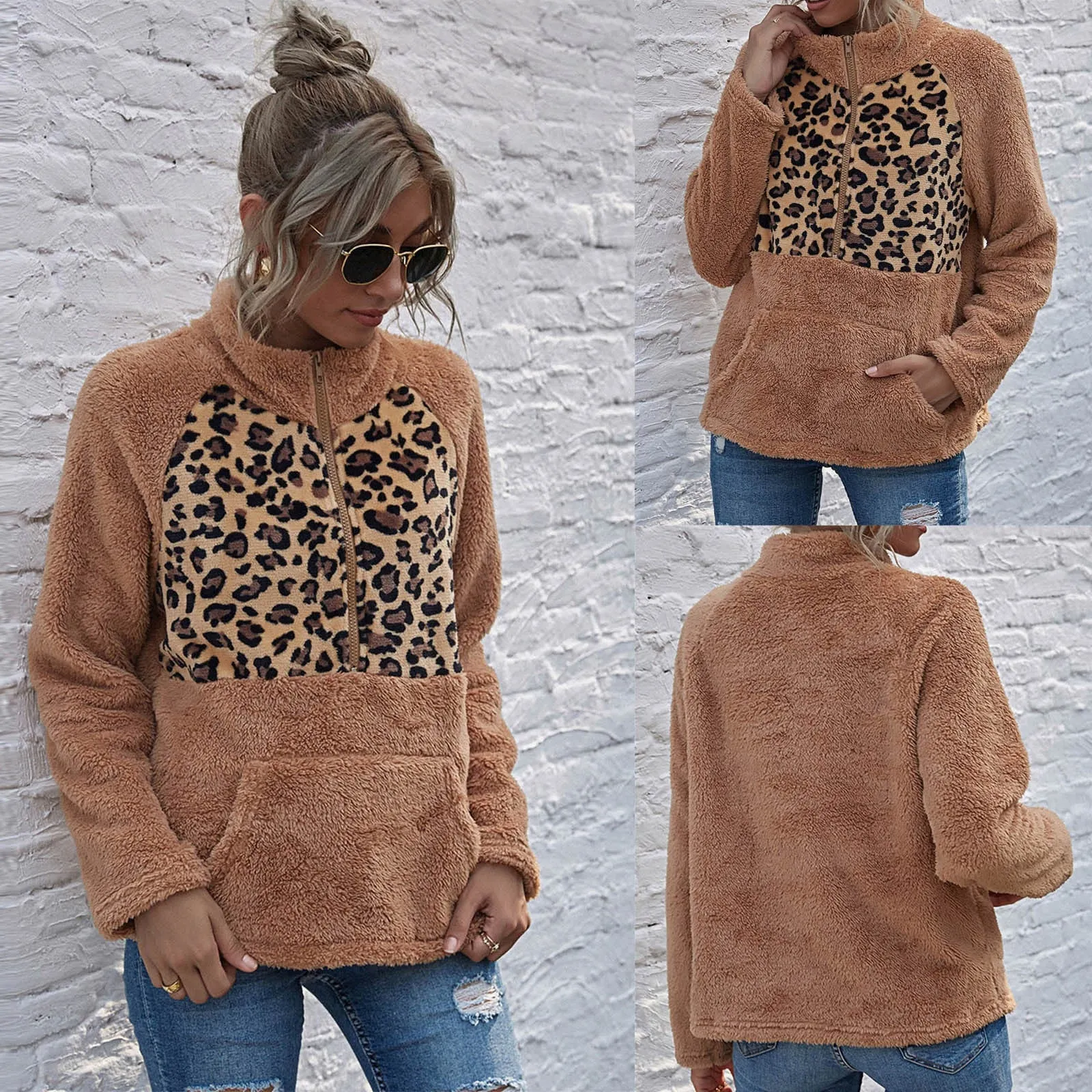Plush Winter Leopard Print Long Sleeve O-neck Sweatshirt
