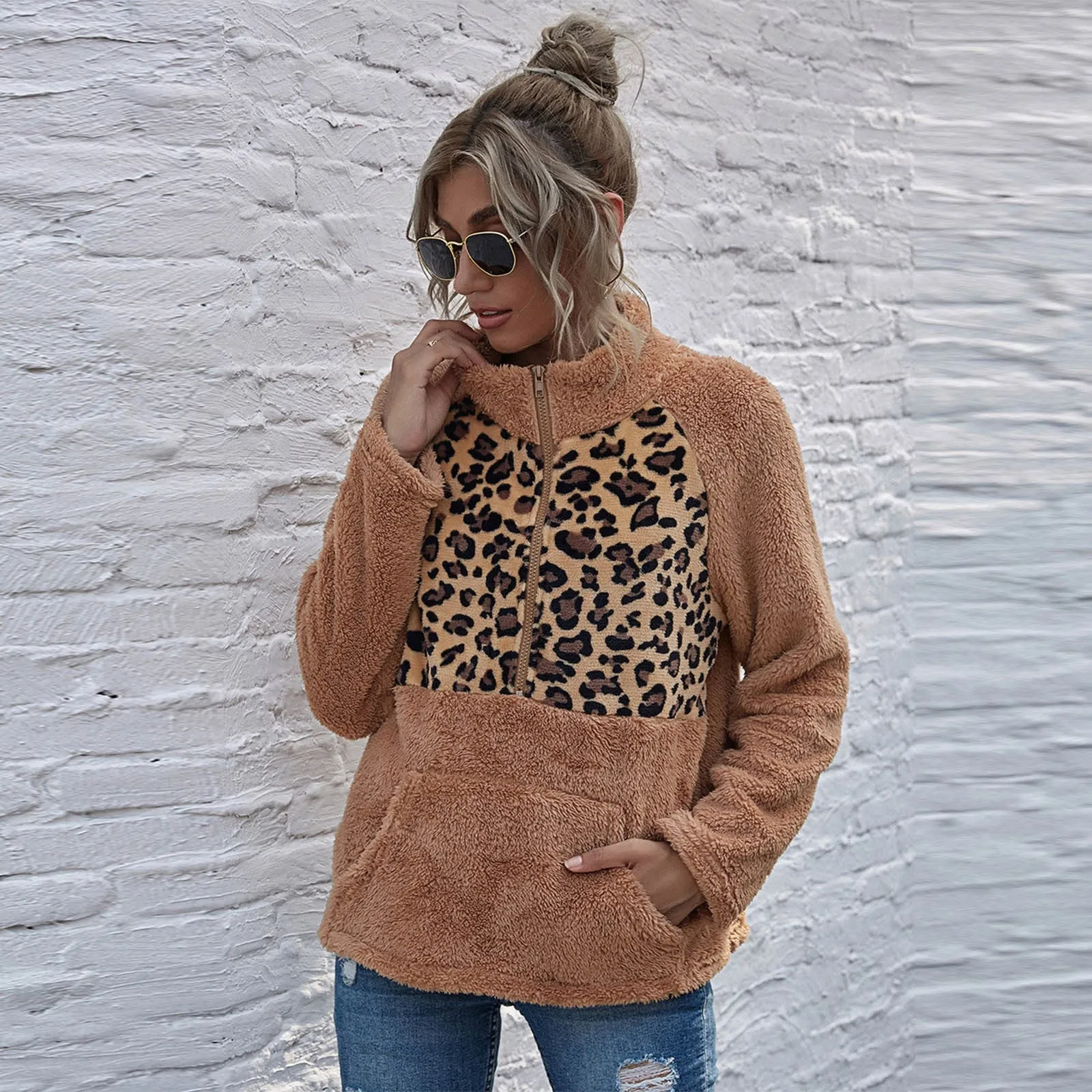 Plush Winter Leopard Print Long Sleeve O-neck Sweatshirt