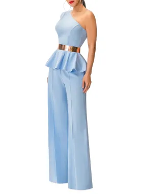 "Santa Monica" Blue One Shoulder Peplum Top
