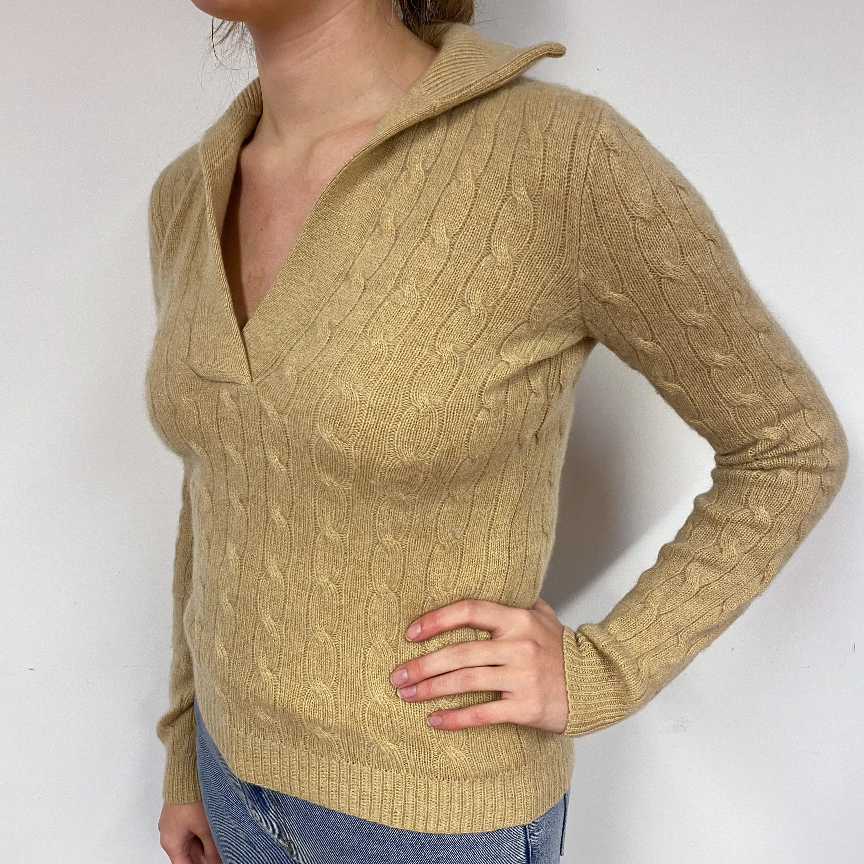 Ralph Lauren Caramel Cable Cashmere V-Neck Jumper Small
