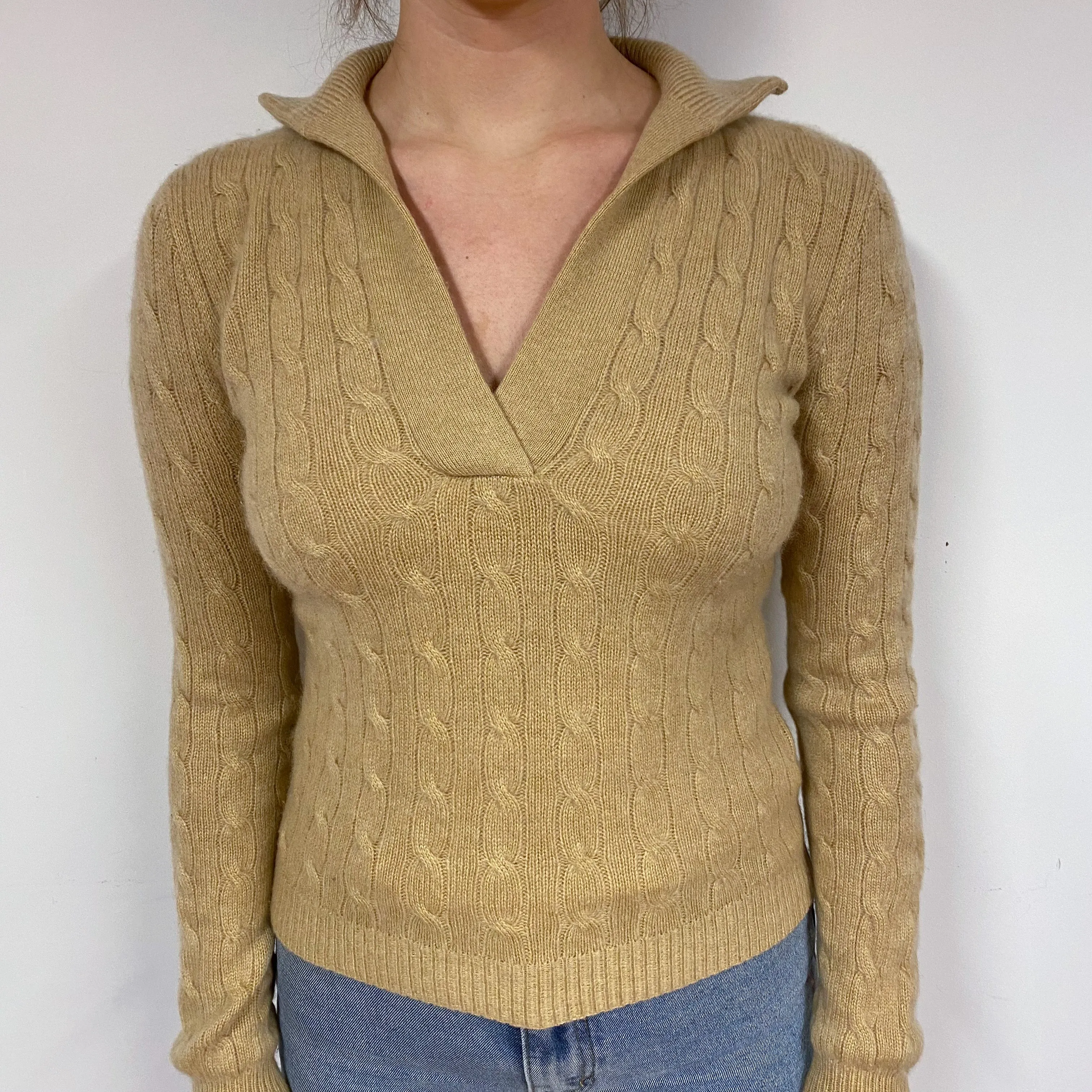 Ralph Lauren Caramel Cable Cashmere V-Neck Jumper Small