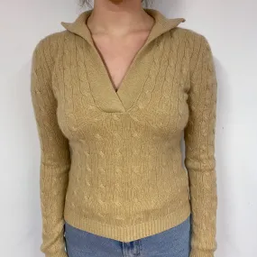 Ralph Lauren Caramel Cable Cashmere V-Neck Jumper Small