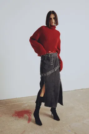 Red Distressed Turtleneck Sweater
