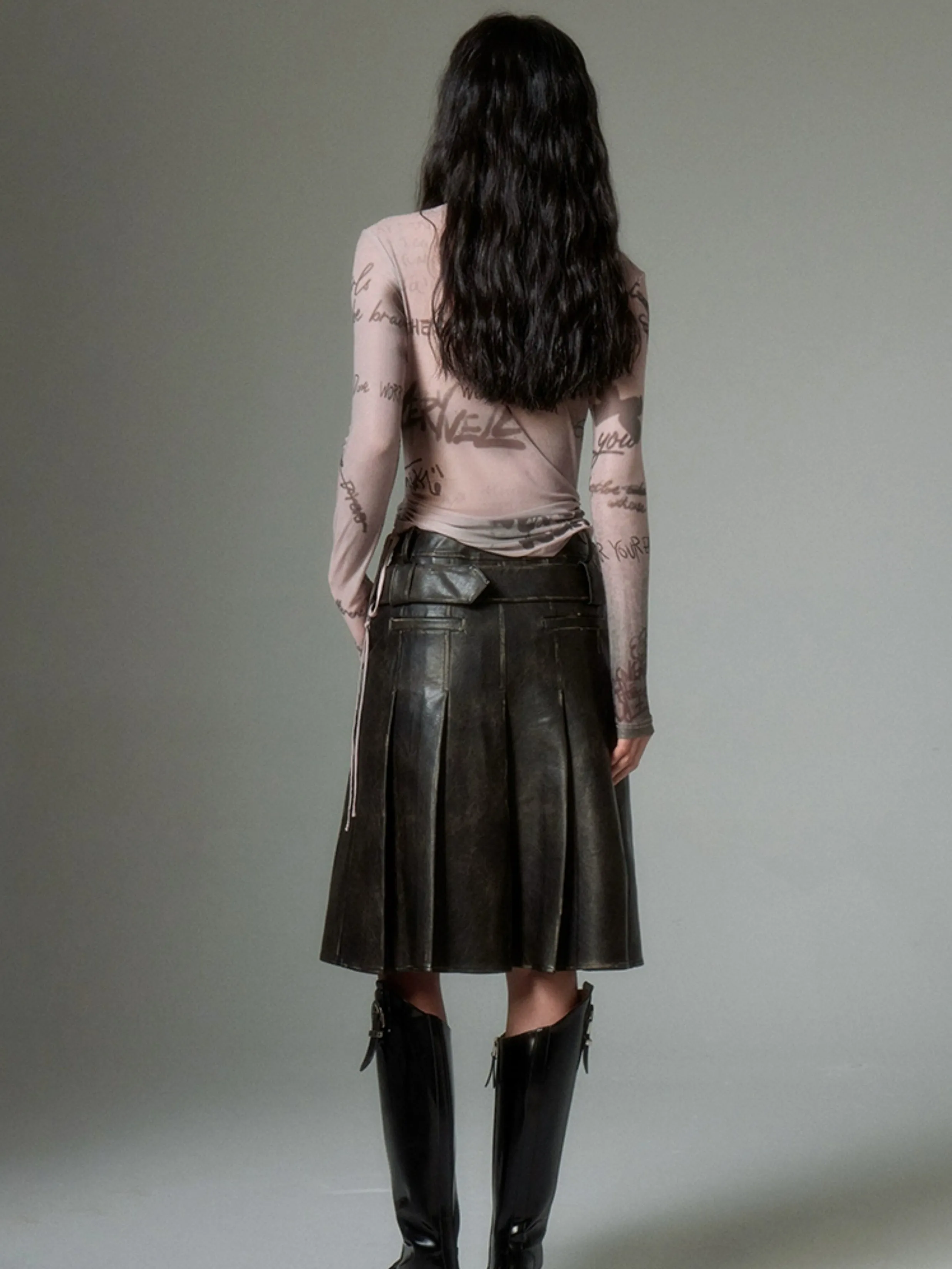 Retro Leather Rivet Belt Skirt