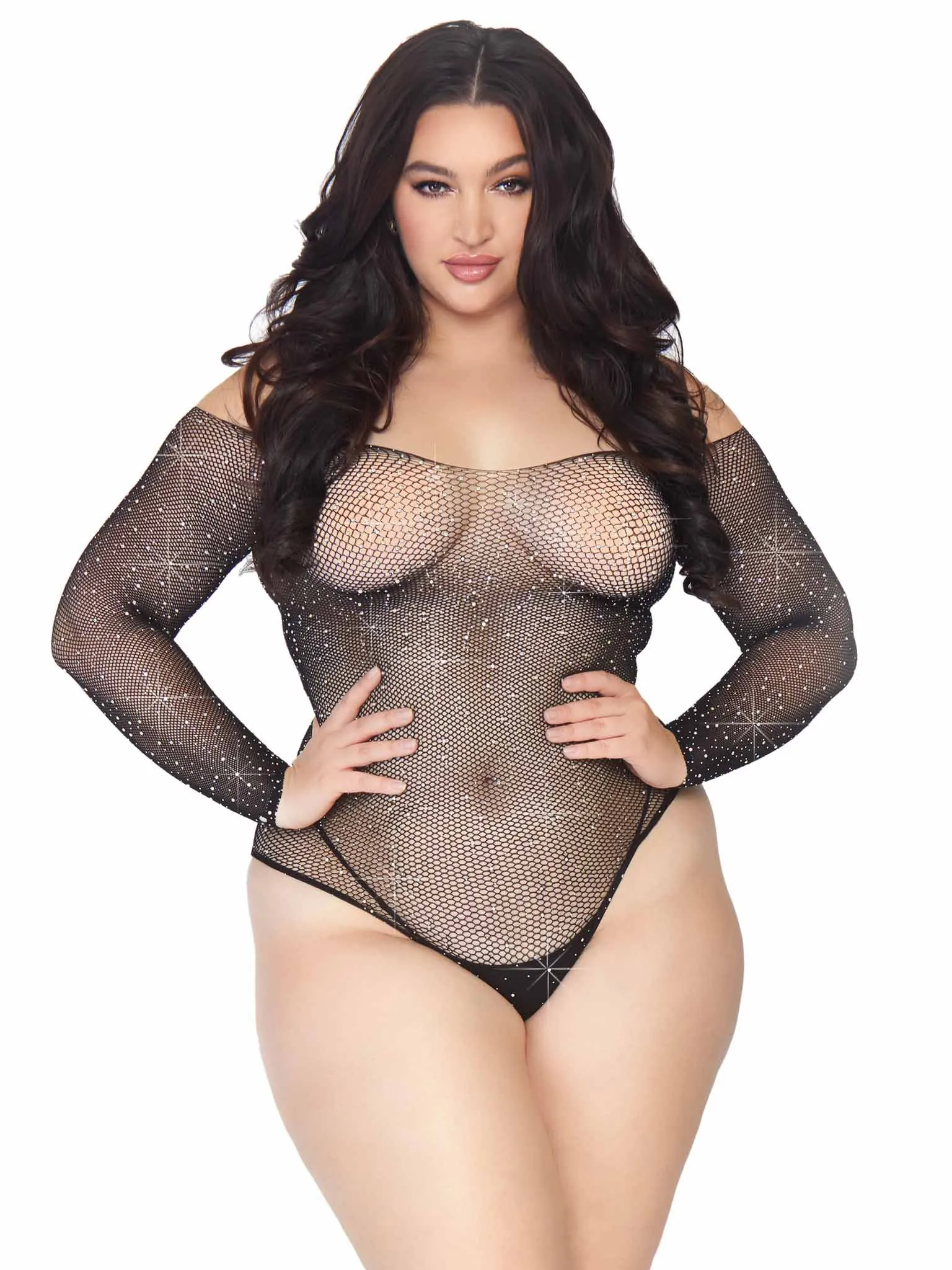 Rhinestone Snap Crotch Bodysuit - 1x/2x - Black