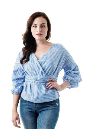 Ruched Sleeve V Neck Surplice Waist Wrap Tie Woven Top