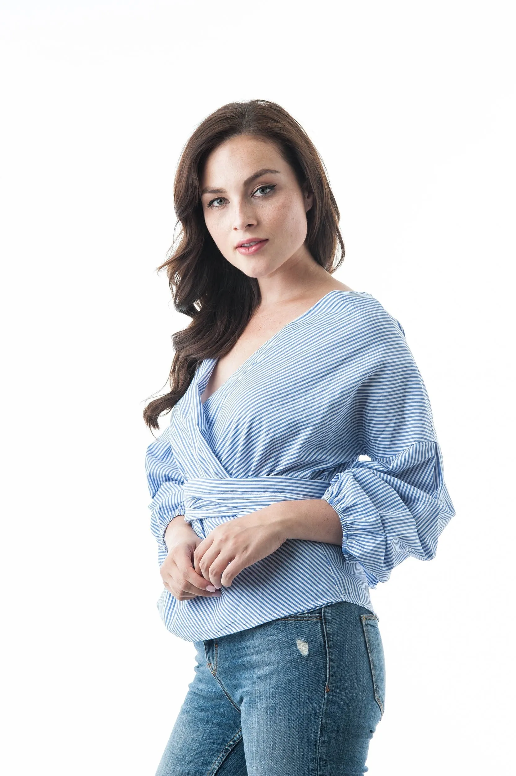Ruched Sleeve V Neck Surplice Waist Wrap Tie Woven Top