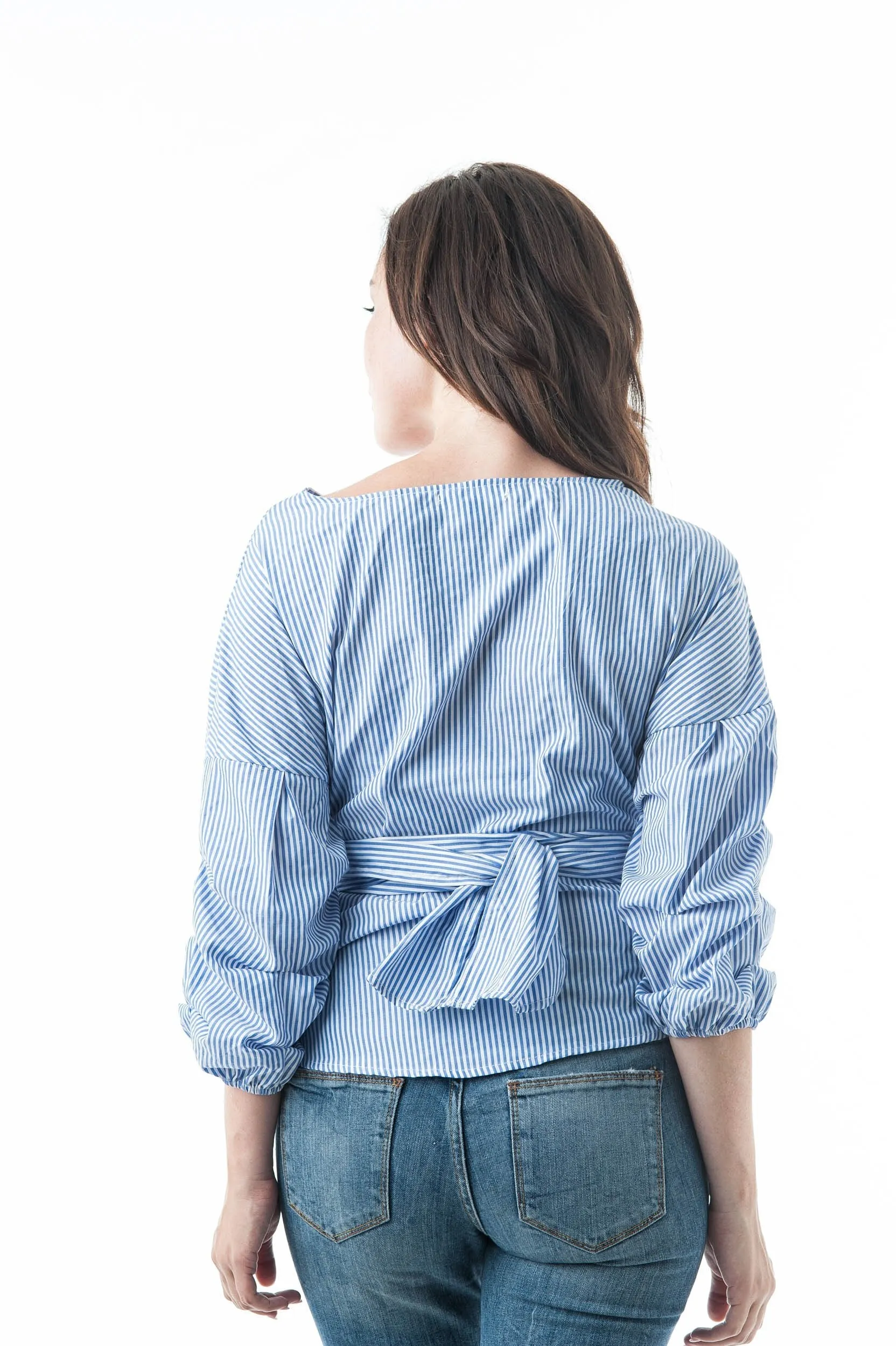 Ruched Sleeve V Neck Surplice Waist Wrap Tie Woven Top