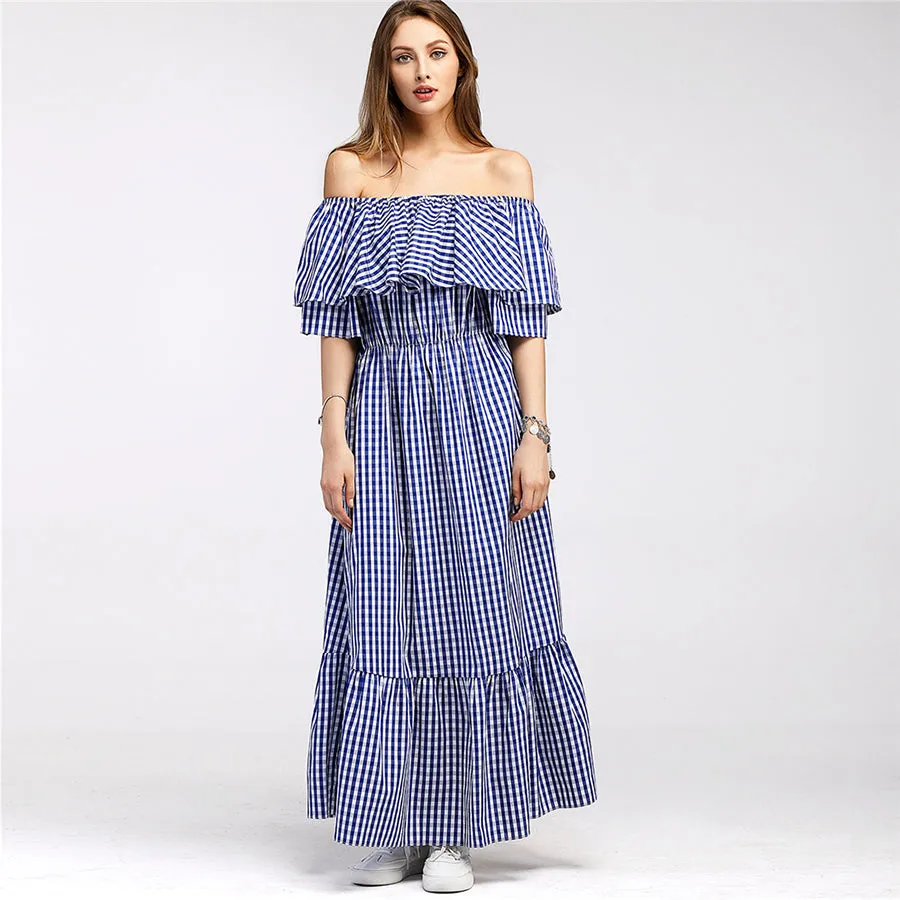 Ruffle Off Shoulder Plaid Long Dress