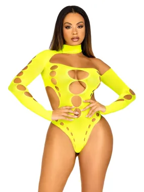 Seamless Asymmetrical Cut Out Thong Back Bodysuit  - One Size - Neon Yellow