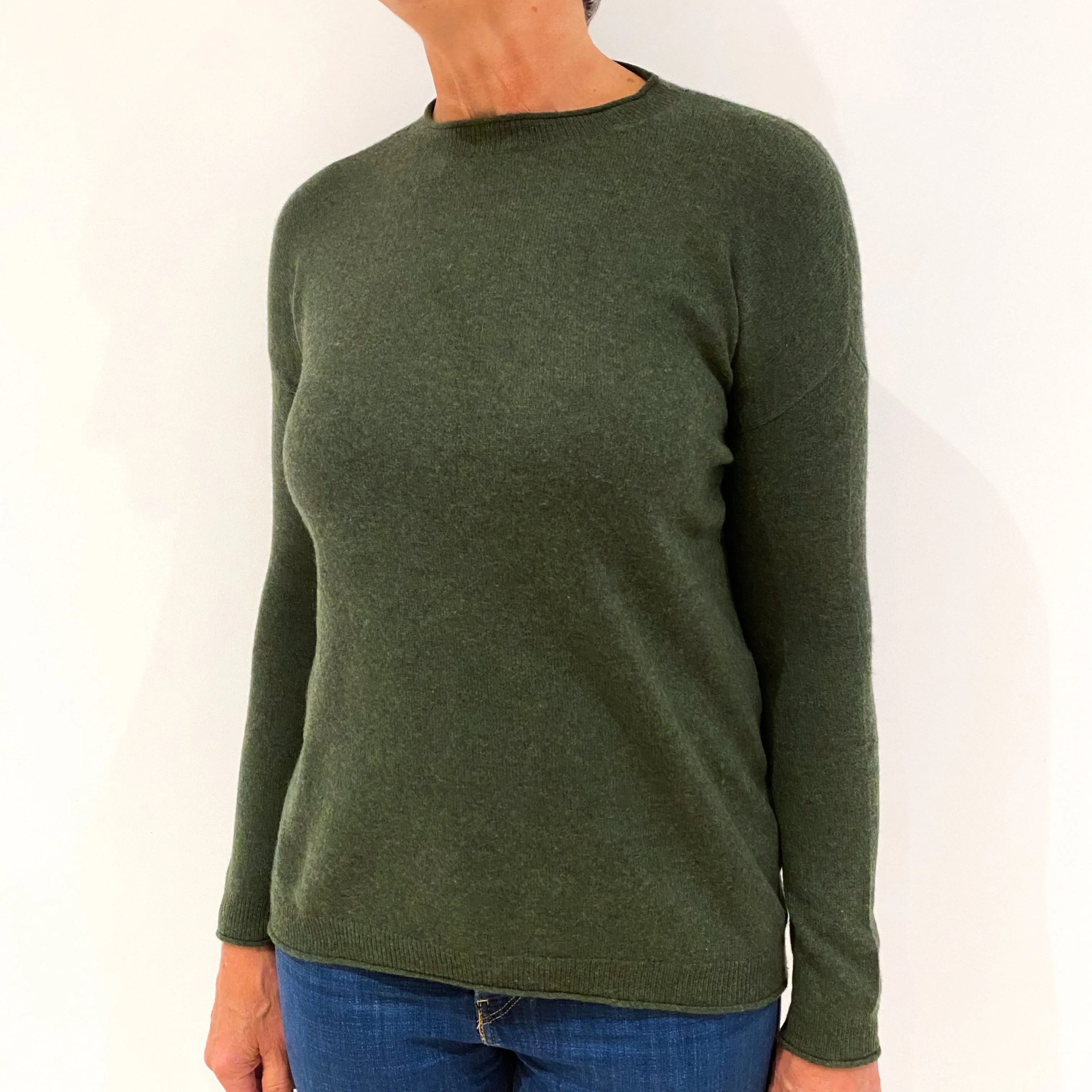 Seaweed Green Cashmere Boxy Crew Neck Jumper Medium