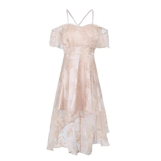 Sexy Elegant Ruffle Off Shoulder Flower Embroidery Mesh Dress